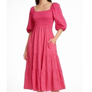 XIRENA Smocked Tiered Midi Dress Cotton Puff Sleeve Square Neck Pink XS